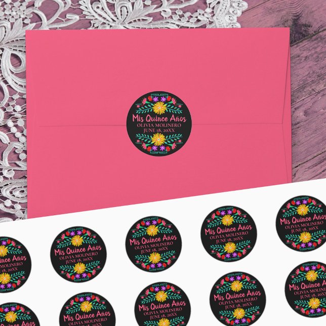 Farbenfrohe Mis Quince Anos Black Pink Mexican Fie Runder Aufkleber (Mis Quince stickers  from my Mexican Fiesta Floral collection)