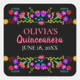 Farbenfrohe Mis Quince Anos Mexican Fiesta Blume Quadratischer Aufkleber