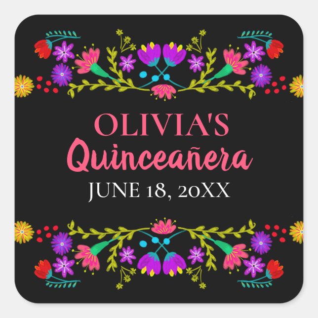 Farbenfrohe Mis Quince Anos Mexican Fiesta Blume Quadratischer Aufkleber (Vorderseite)
