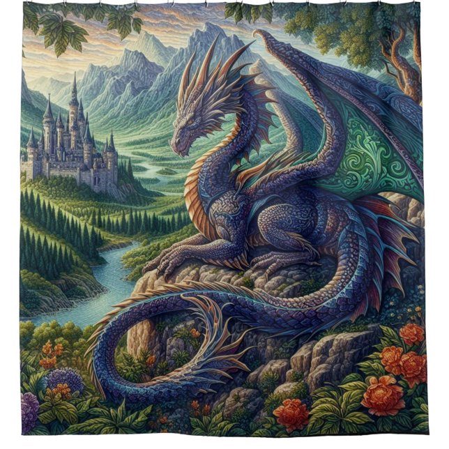 Farbenfrohe, mittelalterliche Drachenburg Duschvorhang (Vorderseite)