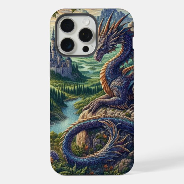 Farbenfrohe, mittelalterliche Drachenburg iPhone 15 Pro Max Hülle (Rückseite)