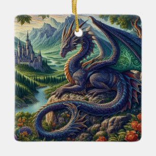 Farbenfrohe, mittelalterliche Drachenburg Keramikornament