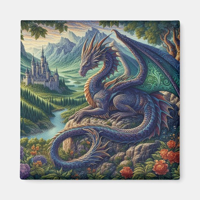 Farbenfrohe, mittelalterliche Drachenburg Magnet (Vorne)