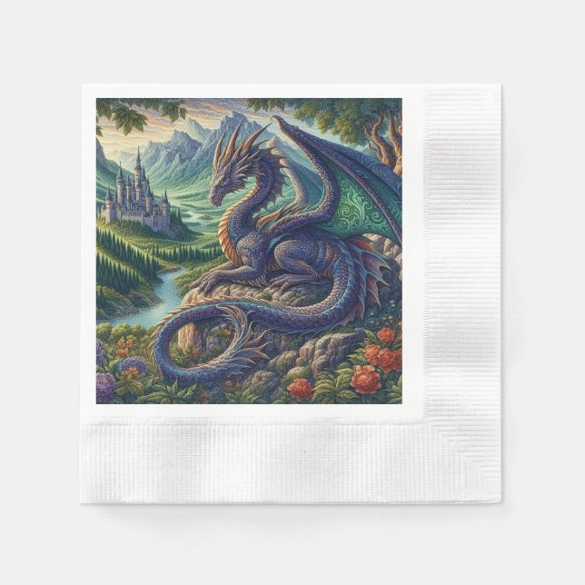 Farbenfrohe, mittelalterliche Drachenburg Serviette (Vorderseite)