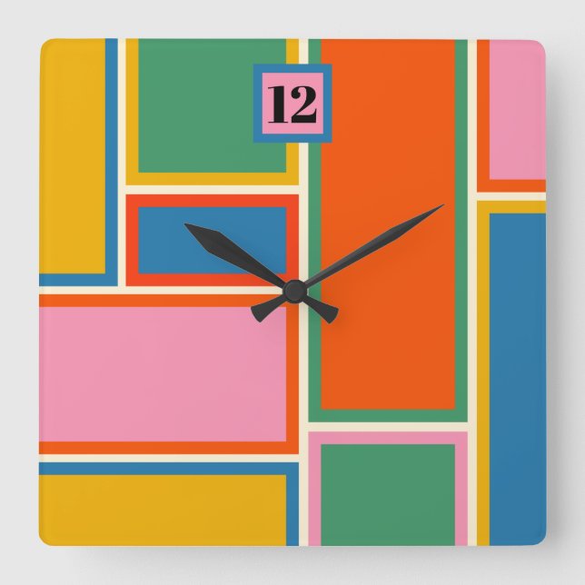 Farbenfrohe Mitteljahrhundert Moderne Geometrie Mi Quadratische Wanduhr (Vorderseite)