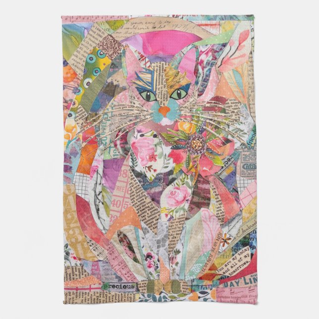 Farbenfrohe Mixed Media Paper Art Cat Küchentuch (Vertikal)