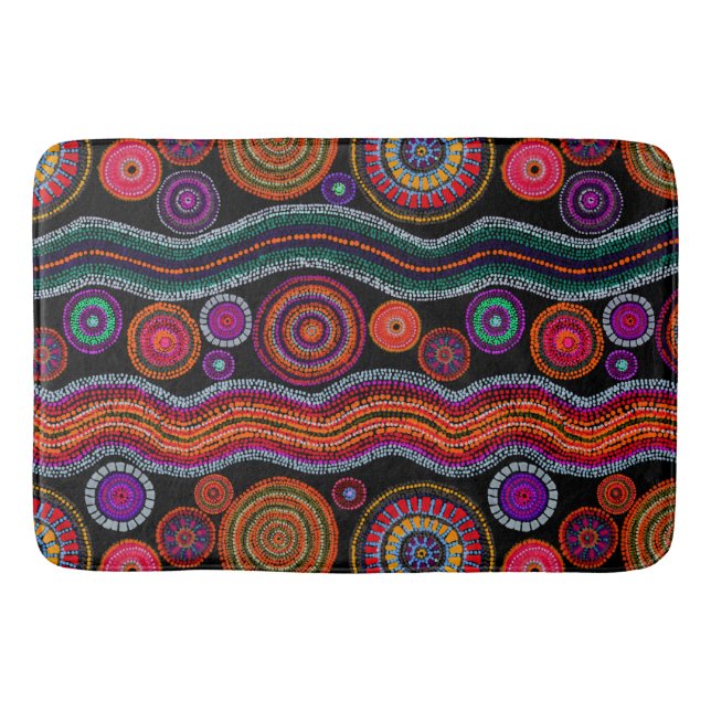 Farbenfrohe moderne australische Dot Art Tribal Mu Badematte (Vorderseite)
