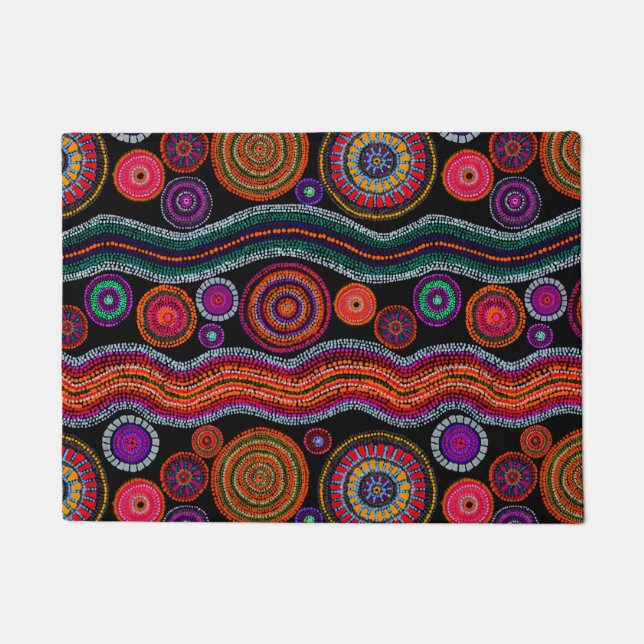 Farbenfrohe moderne australische Dot Art Tribal Mu Fußmatte (Vorderseite)