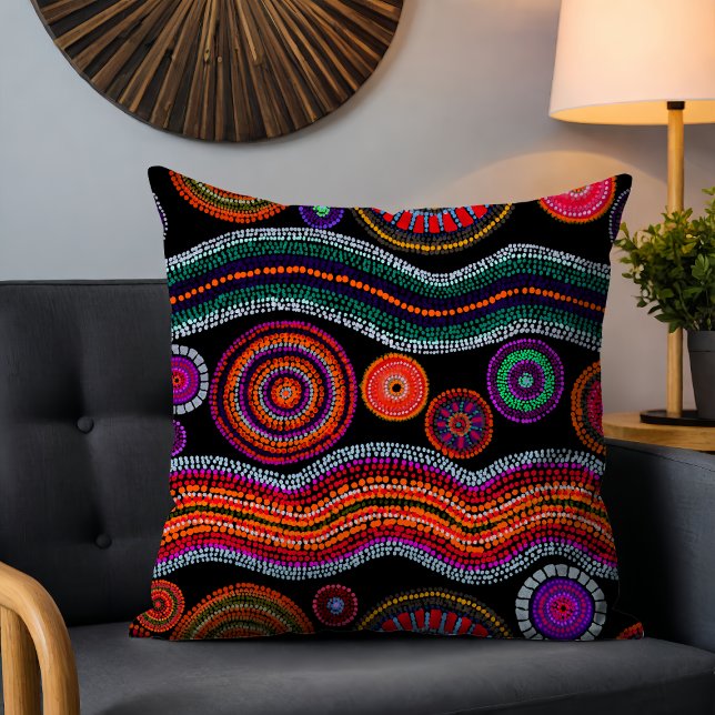Farbenfrohe moderne australische Dot Art Tribal Mu Kissen (Von Creator hochgeladen)