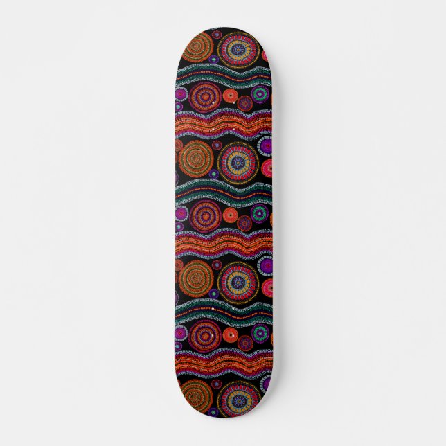 Farbenfrohe moderne australische Dot Art Tribal Mu Skateboard (Vorne)