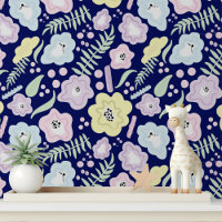 Farbenfrohe, moderne, blaugelbe Lila Blumenmuster