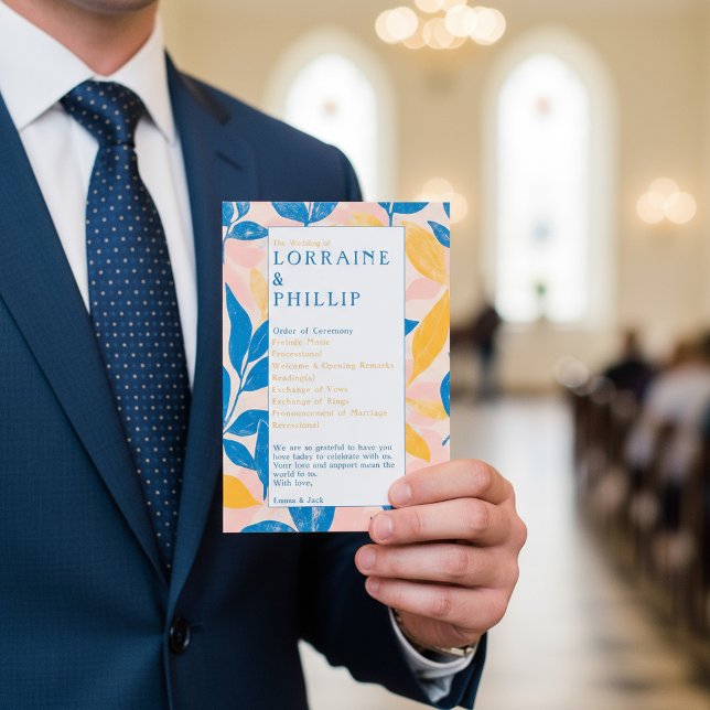 Farbenfrohe moderne botanisch-blau-gelbe Hochzeit Programm (Colorful Modern Botanical blue yellow Wedding Program.)