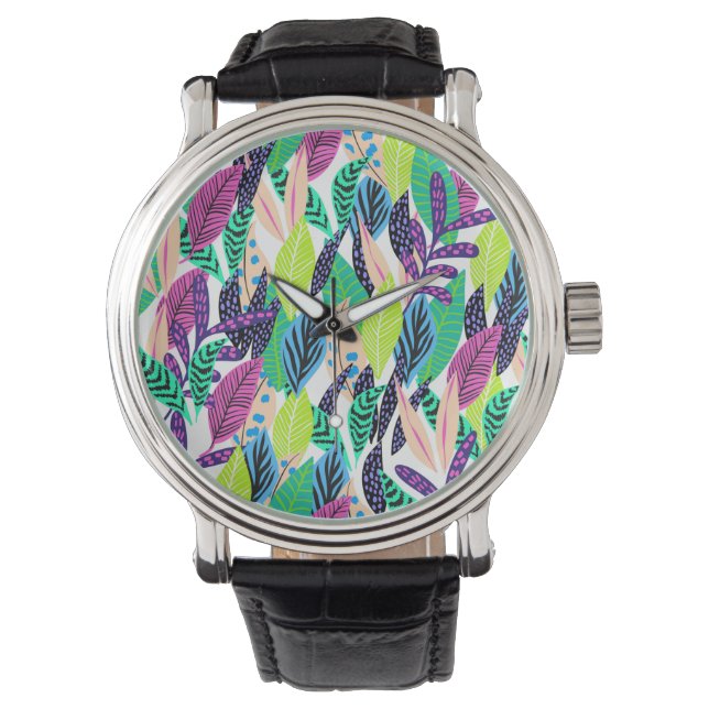 Farbenfrohe moderne botanische Blätter Muster Armbanduhr (Vorderseite)