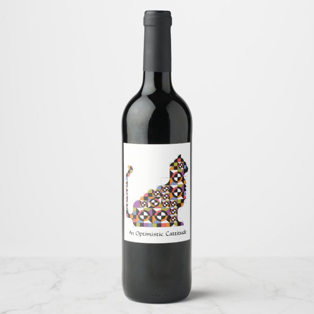 Farbenfrohe, moderne Cat Quilt Muster Weinkarte Weinetikett (Vorderseite)