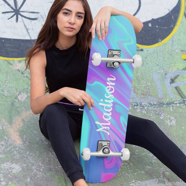 Farbenfrohe moderne Girly Blue Pink Liquid Marmor Skateboard (Von Creator hochgeladen)