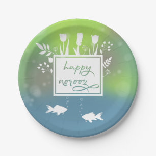 Farbenfrohe moderne, glückliche Noroz-Briefe Fisch Pappteller