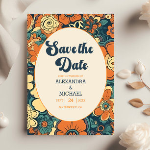 Farbenfrohe moderne groovige Retro-70er-Blumenhoch Save The Date