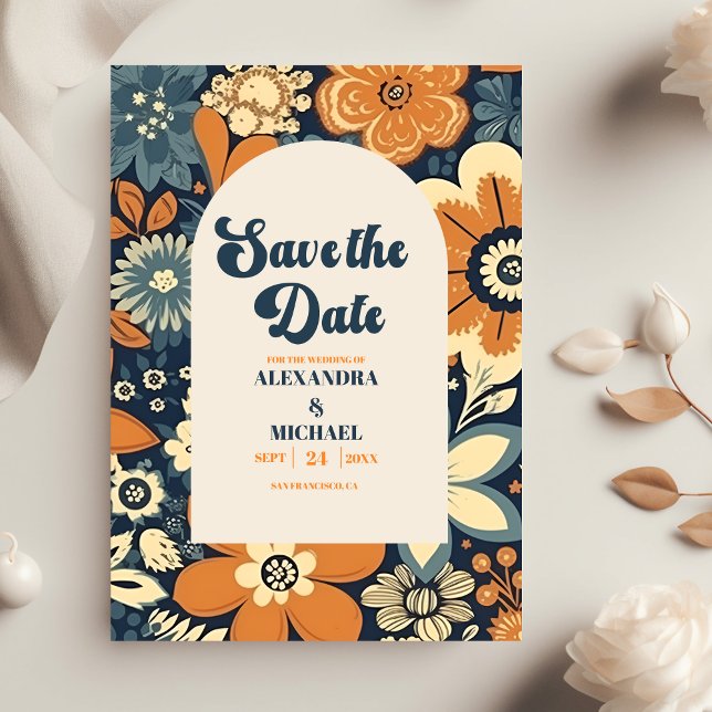 Farbenfrohe moderne groovige Retro-70er-Blumenhoch Save The Date (Von Creator hochgeladen)