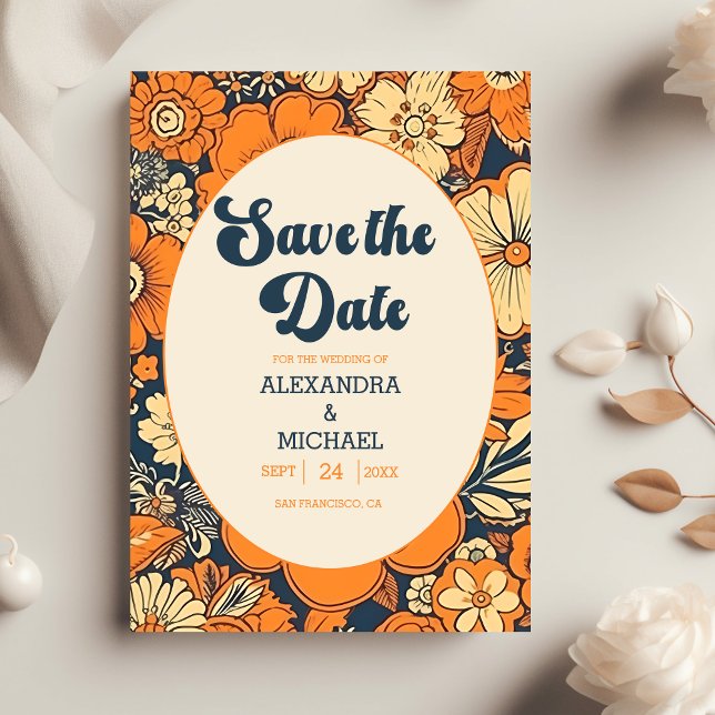 Farbenfrohe moderne groovige Retro-70er-Blumenhoch Save The Date (Von Creator hochgeladen)