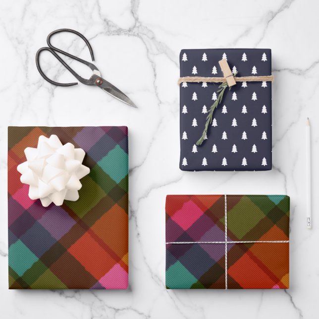 Farbenfrohe Moderne Kariert und Bäume Weihnachten Geschenkpapier Set (Vorderseite)
