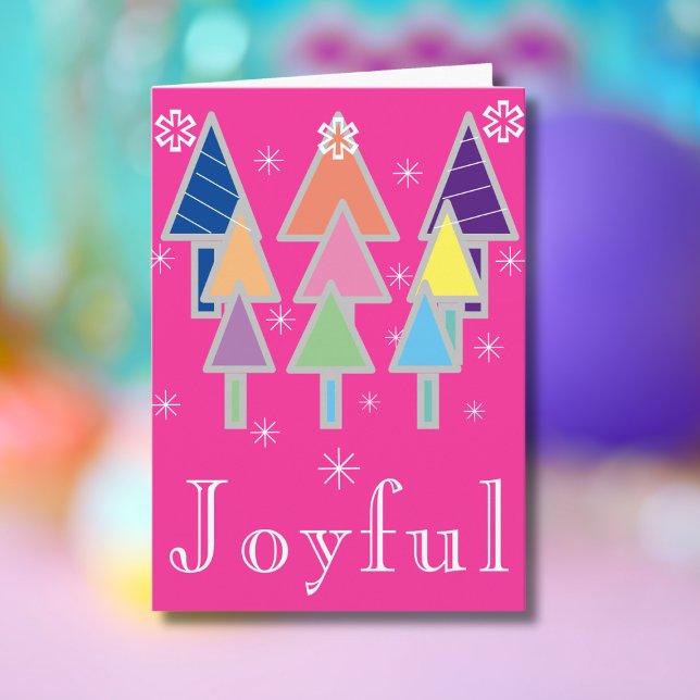 Farbenfrohe Moderne Kunst Weihnachtsbäume Niedlich Karte (Joyful pink holiday card with colorful abstract art Christmas trees.)