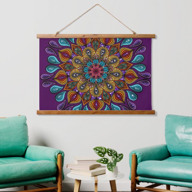 Farbenfrohe Moderne Mandala Trippy Psychedelic Hip Wandteppich Mit Holzrahmen (Wohnzimmer)