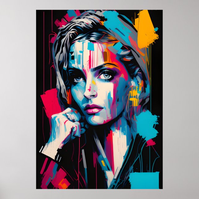Farbenfrohe, moderne Ölgemälde Portrait of Beautif Poster (Vorne)
