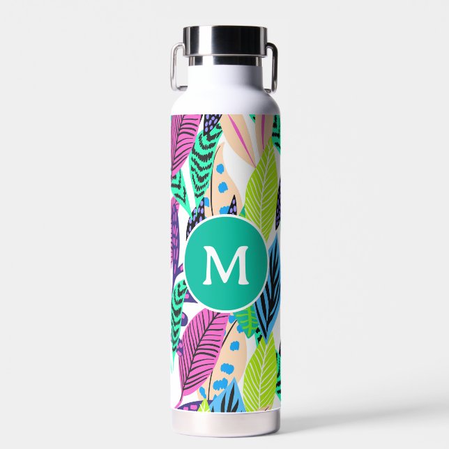 Farbenfrohe moderne tropische Blätter Muster Monog Trinkflasche (Vorne)