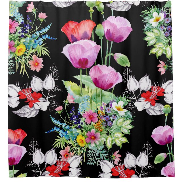 Farbenfrohe Mohnsommer-Blume Duschvorhang (Vorderseite)