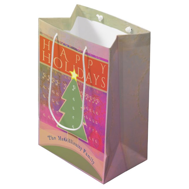 Farbenfrohe Monografie "Happy Holidays" Frieden Mittlere Geschenktüte (Vorderseite Schrägansicht)