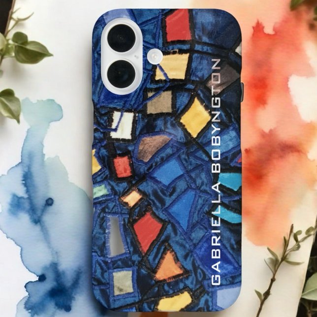 Farbenfrohe monogramm blaue Marine rot gelb geomet iPhone 16 Hülle (Von Creator hochgeladen)