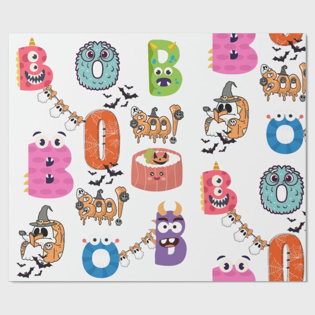 Farbenfrohe Monster "BOO" Halloween Cartoon Design Geschenkpapier (Flach)