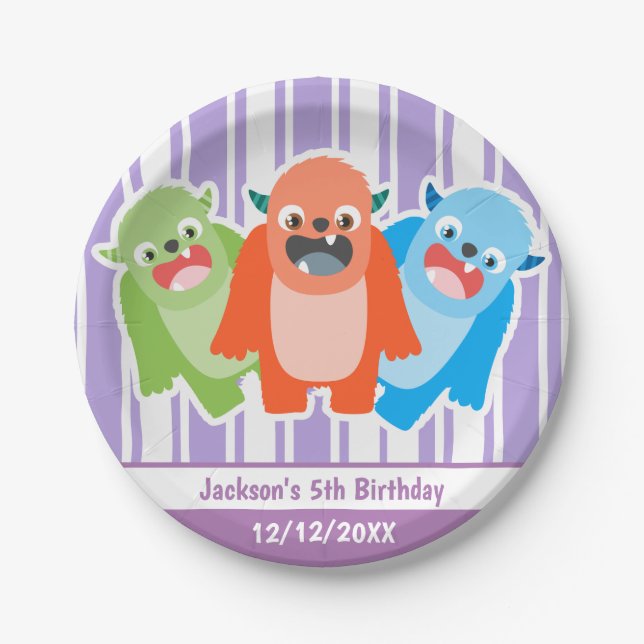 Farbenfrohe Monster Personalisierter Kindergeburts Pappteller (Vorderseite)