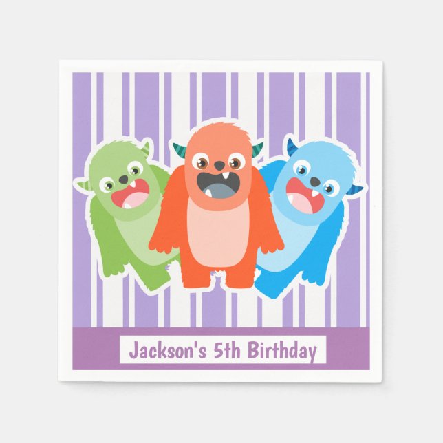 Farbenfrohe Monster Personalisierter Kindergeburts Serviette (Vorderseite)