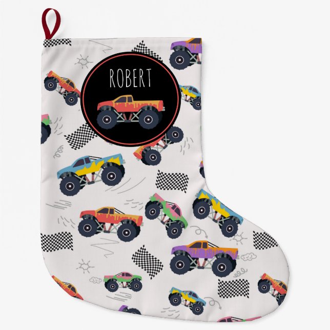 Farbenfrohe Monster Trucks Racing Kids Individuell Großer Weihnachtsstrumpf (Vorderseite)