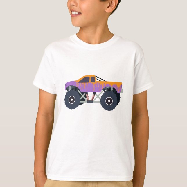 Farbenfrohe Monster Trucks Racing Kids Lila T-Shirt (Vorderseite)