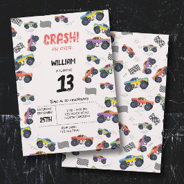 Farbenfrohe Monster Trucks Racing Kindergeburtstag Einladung