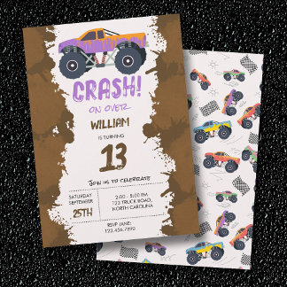 Farbenfrohe Monster Trucks Racing Kindergeburtstag Einladung