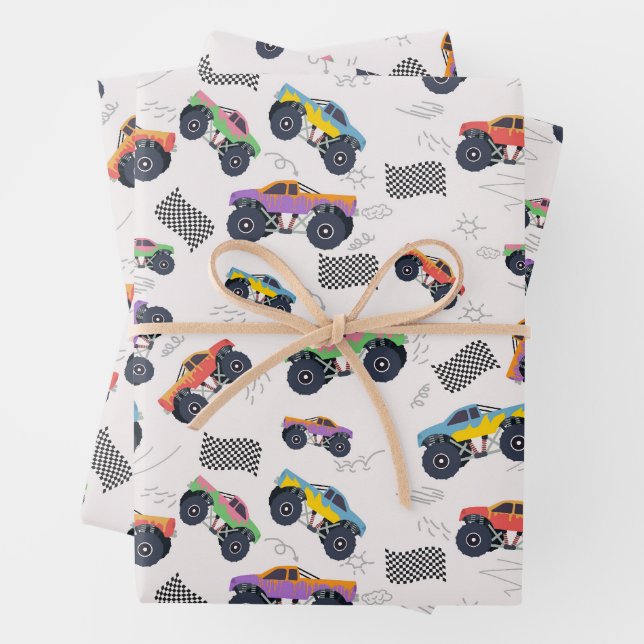 Farbenfrohe Monster Trucks Rennmuster Geschenkpapier Set (Beispiel)