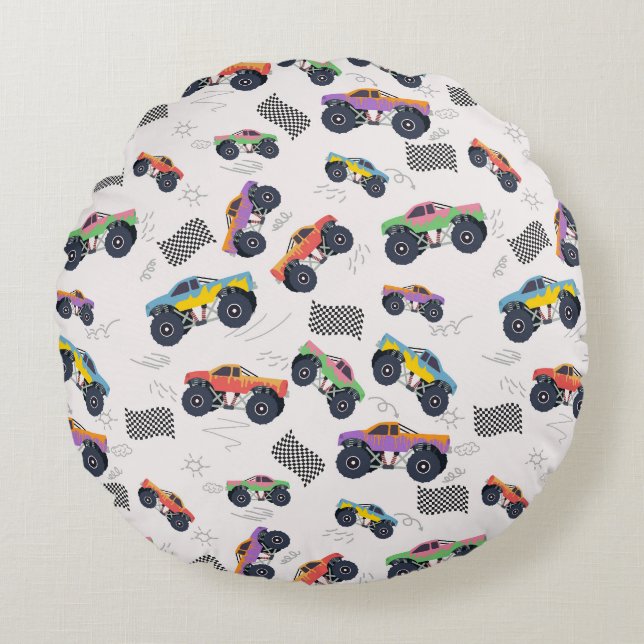 Farbenfrohe Monster Trucks Rennmuster Rundes Kissen (Vorderseite)