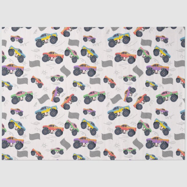 Farbenfrohe Monster Trucks Rennmuster Seidenpapier (Vorderseite)