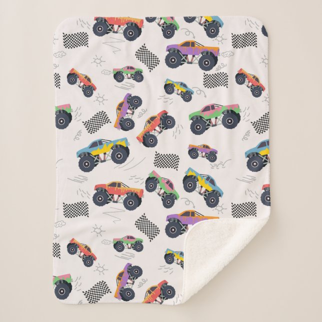 Farbenfrohe Monster Trucks Rennmuster Sherpadecke (Vorderseite)