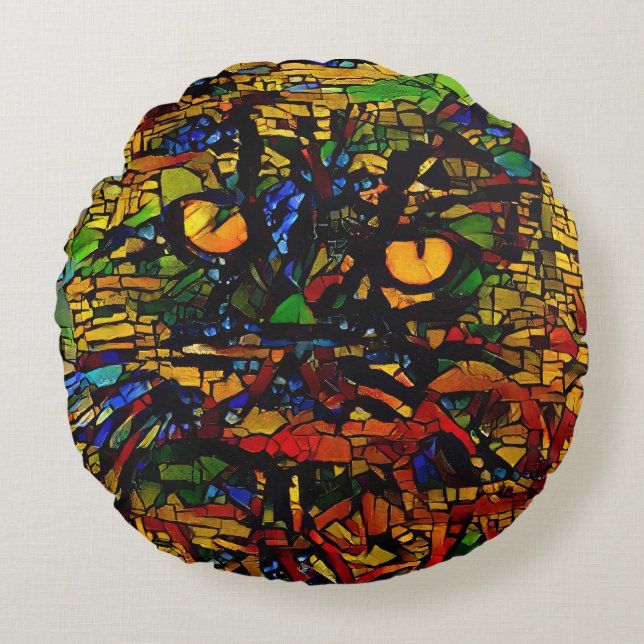 Farbenfrohe Mosaikkatze Kunst Prin Rundes Kissen (Vorderseite)