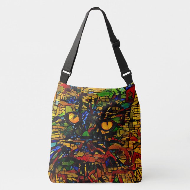 Farbenfrohe Mosaikkatze Kunst Prin Tragetaschen Mit Langen Trägern (Vorderseite)