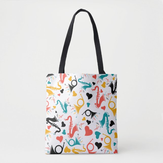 Farbenfrohe Musikinstrumente Note & Hearts Muster  Tasche (Vorderseite)