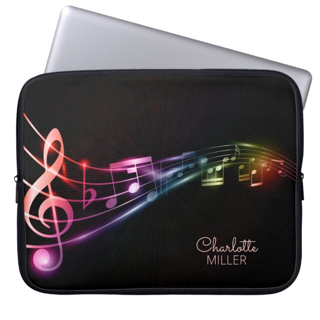 Farbenfrohe Musiknoten und Individuelle Name Laptopschutzhülle (Vorderseite)