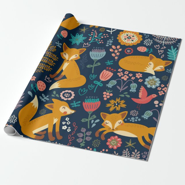 Farbenfrohe Muster mit Fuchs, Muster, Wald, Fall Geschenkpapier (Ungerollt)