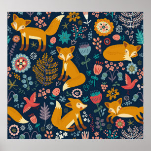 Farbenfrohe Muster mit Fuchs, Muster, Wald, Fall Poster
