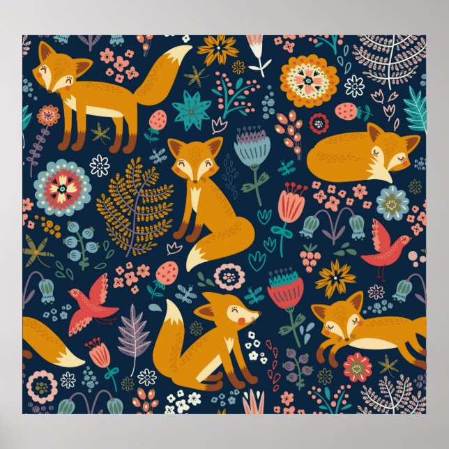 Farbenfrohe Muster mit Fuchs, Muster, Wald, Fall Poster (Vorne)