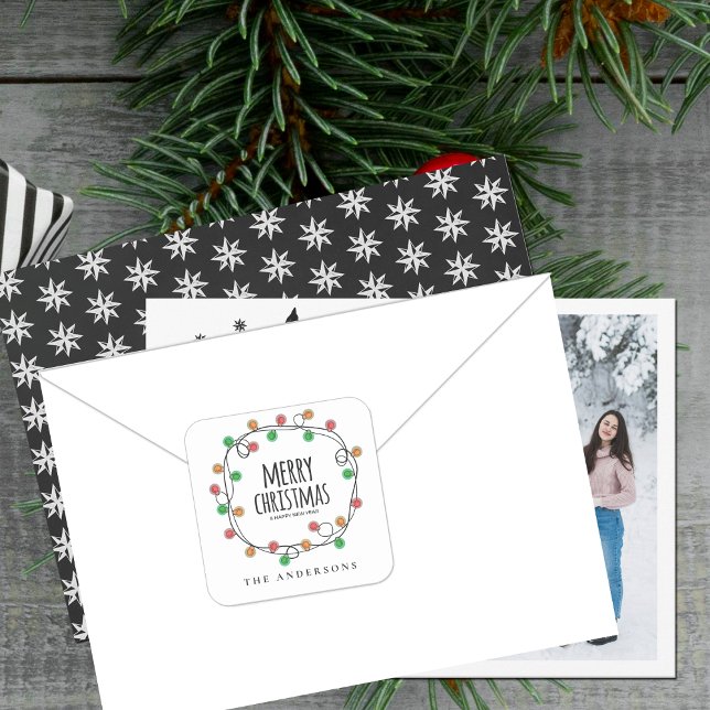 Farbenfrohe Name Weihnachten Lichter Frohe Weihnac Quadratischer Aufkleber (Colorful Name Christmas Lights Merry Christmas Square Sticker)